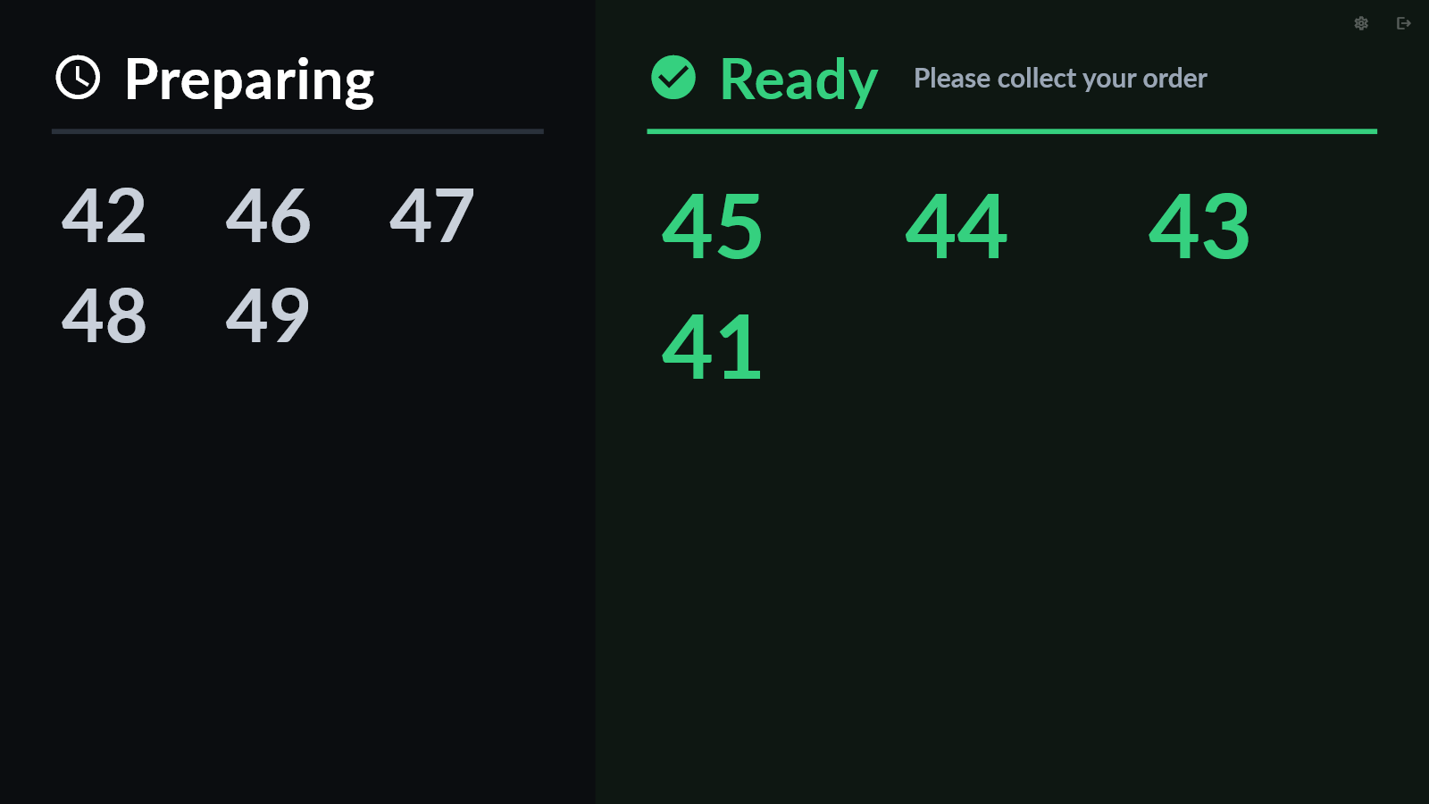 The customer screen: order numbers 42, 46, 47, 48 and 49 under Preparing. Under Ready, please collect your order: 45, 44, 43 and 41 in green.