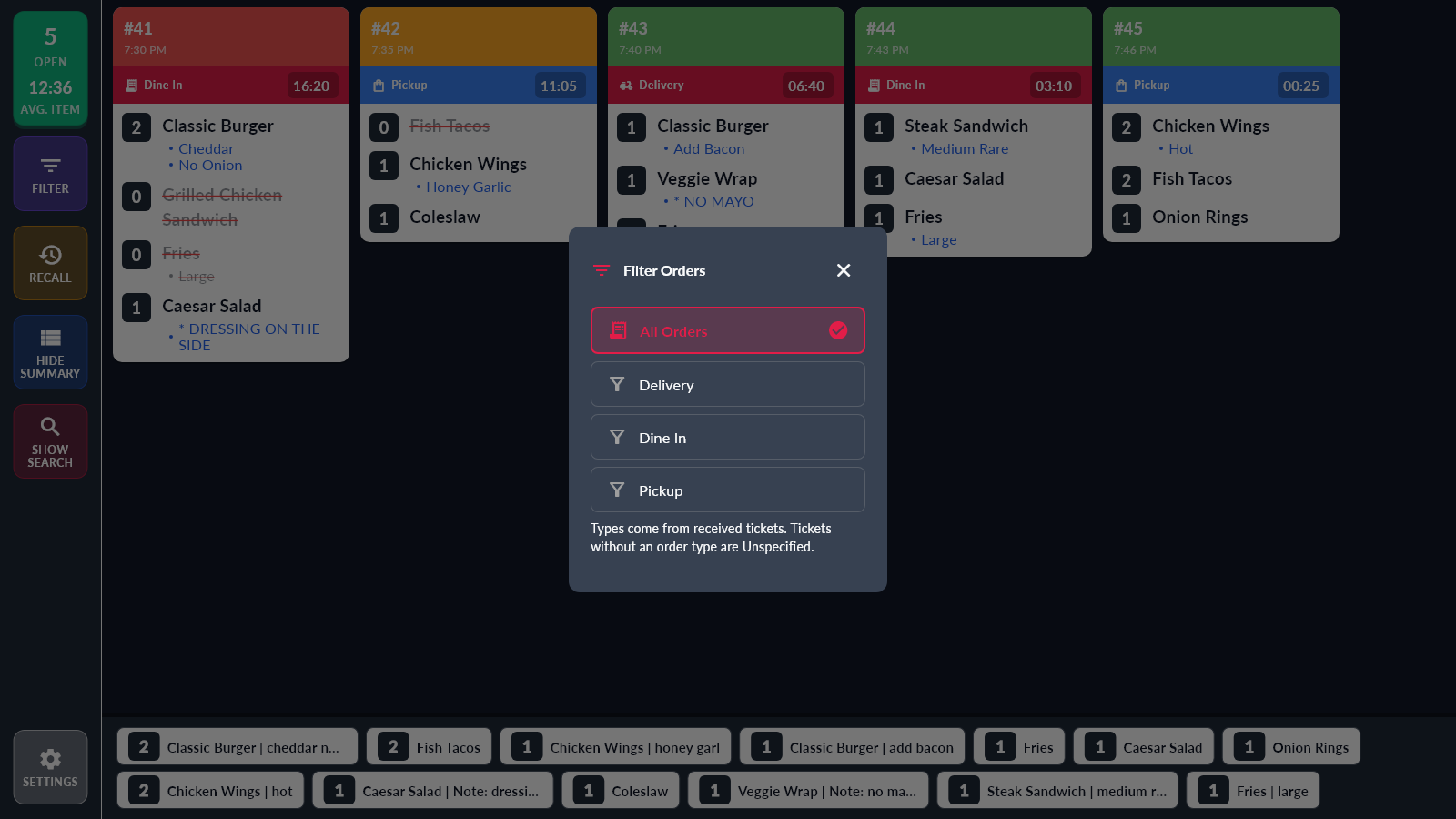 The Filter Orders window on the kitchen screen, listing All Orders, Delivery, Dine In and Pickup: the order types on the tickets received from Clover.