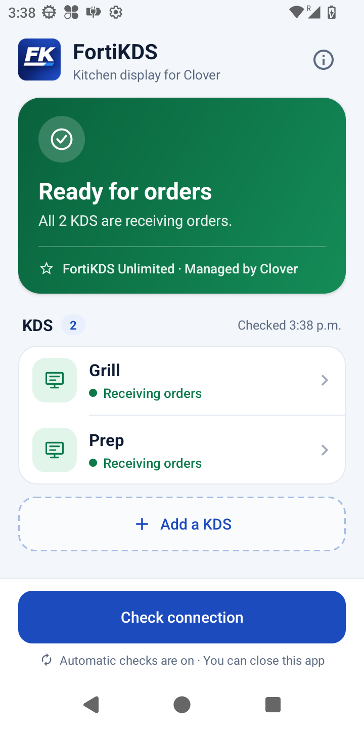 FortiKDS Setup on a Clover device: Ready for orders, all 2 KDS are receiving orders. The Grill and Prep screens are listed as receiving orders, with an Add a KDS button and a Check connection button.