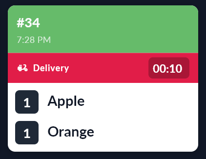 Ticket 34 on the first kitchen screen: 1 Apple and 1 Orange, not finished yet.