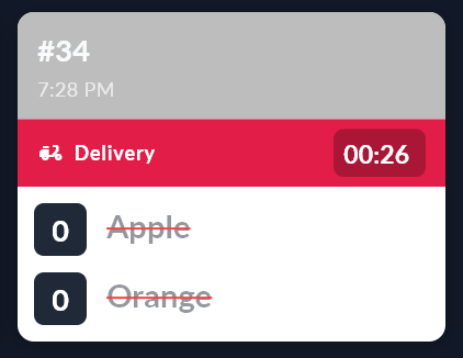 Ticket 34 on the first kitchen screen with Apple and Orange crossed off.