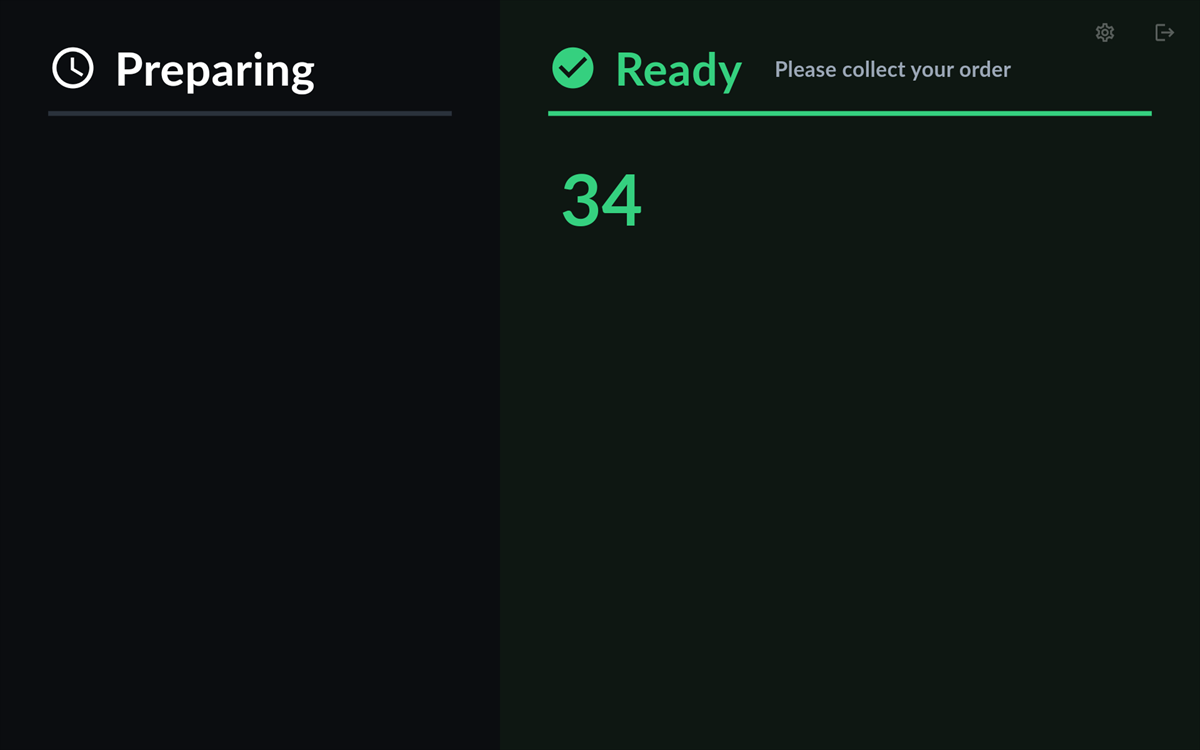 The customer screen with number 34 in green under Ready, please collect your order.