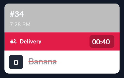 Ticket 34 on the second kitchen screen with Banana crossed off.