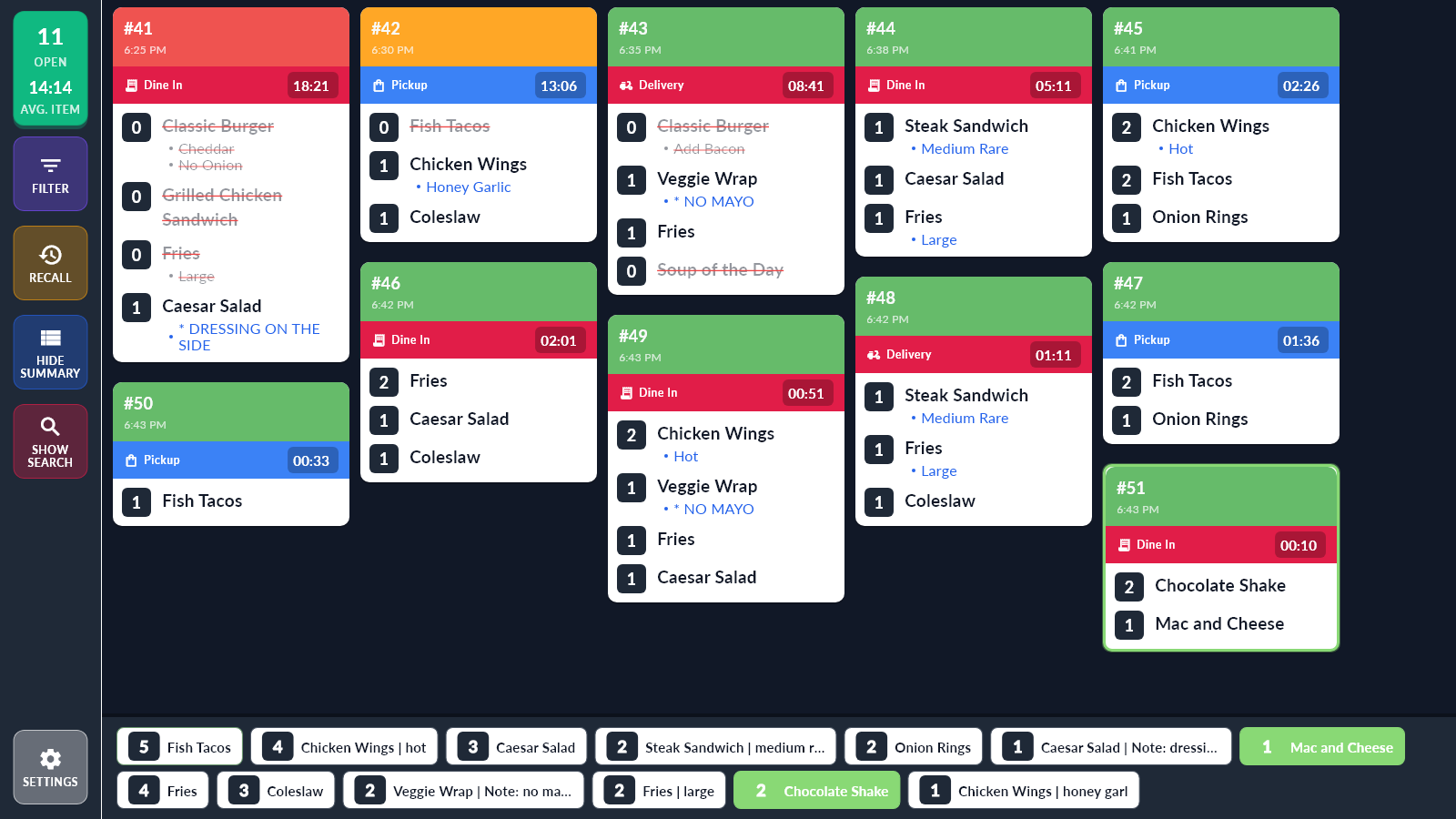 FortiKDS kitchen screen in the Tiled layout with Fill gaps: eleven Clover tickets in five columns, each new ticket placed in the shortest column. The newest ticket, 51, is outlined in green and only its items are green in the bar at the bottom.