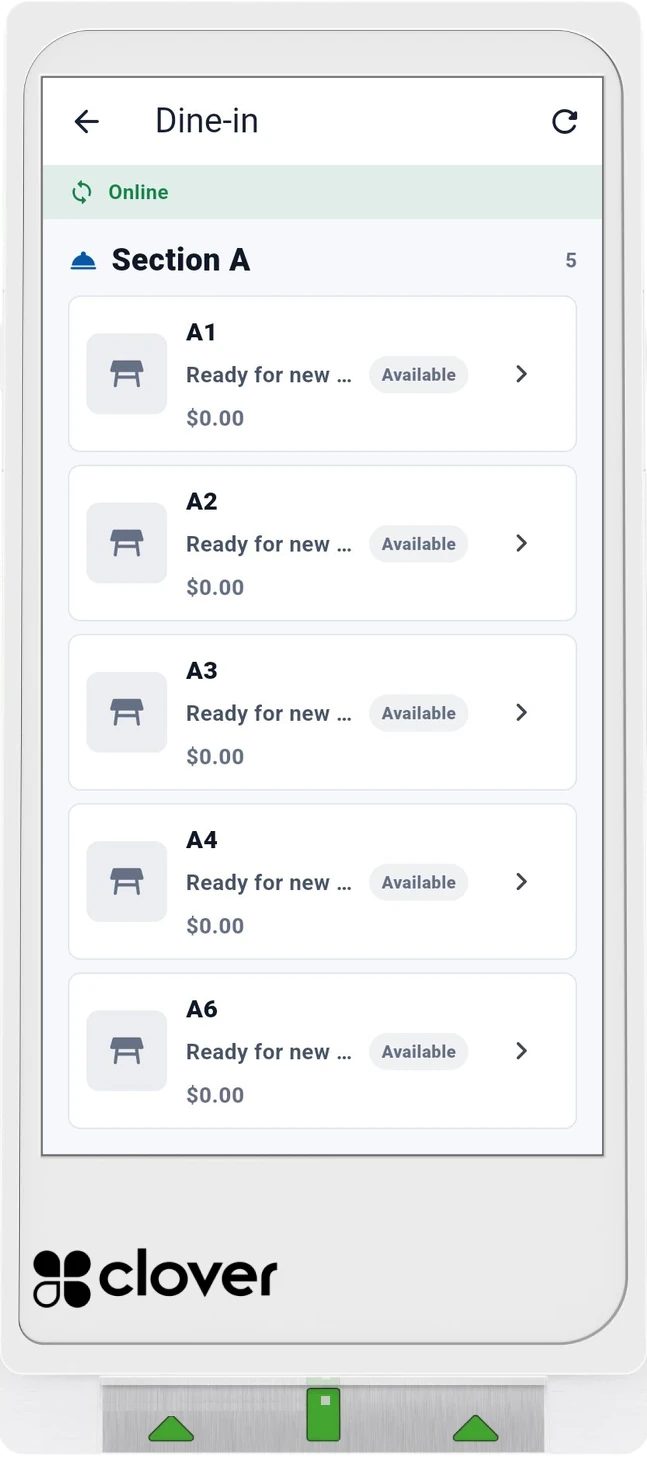 Server handheld on a Clover Flex Pocket: dine-in table list for Section A, all tables available.