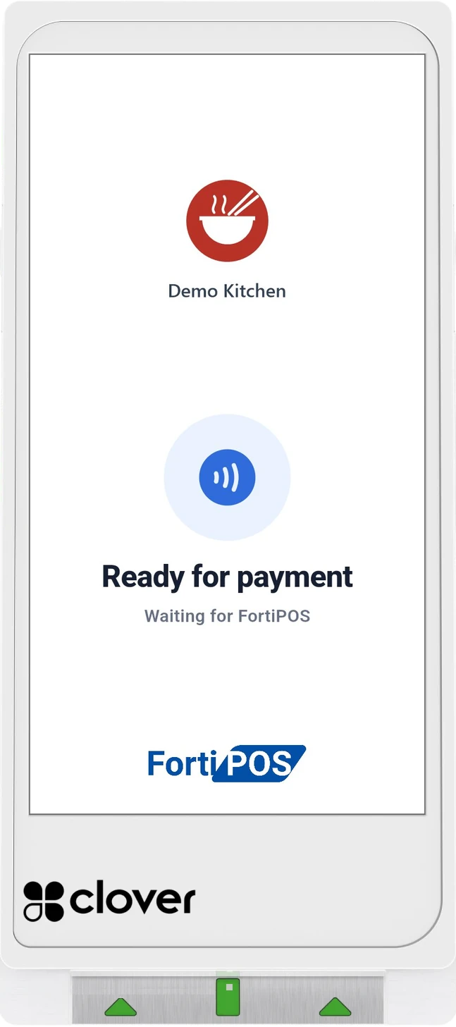 Clover Flex Pocket at the counter, ready for a card payment, showing the restaurant logo.