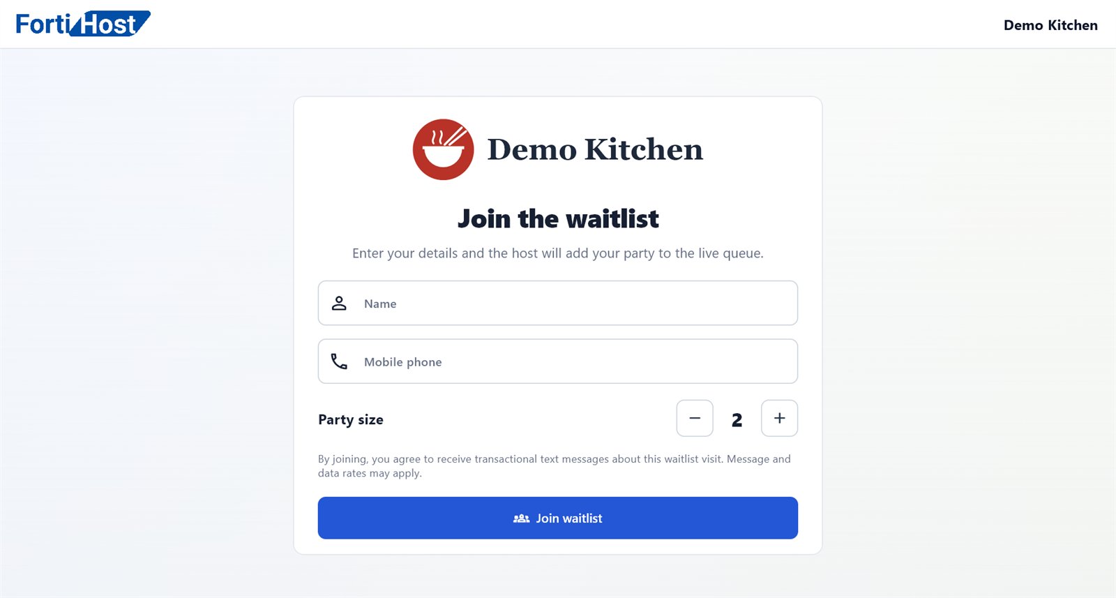 Waitlist check-in screen with name, phone and party size.