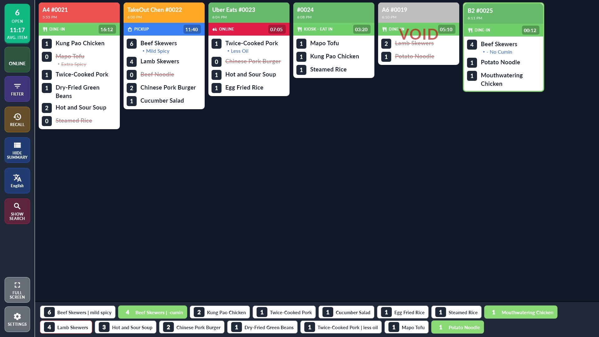 Kitchen display with six tickets: a late dine-in, a pickup, an Uber Eats delivery, a kiosk eat-in order, a voided ticket and a new table outlined in green, with finished items crossed off and the summary bar counting what is left to cook; the new table's dishes are green.