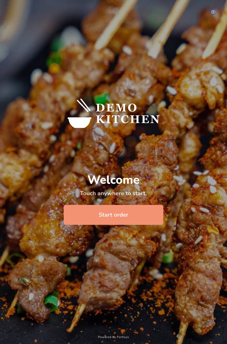 Kiosk start screen for Demo Kitchen: a full-screen food photo, Welcome, and a Start order button.