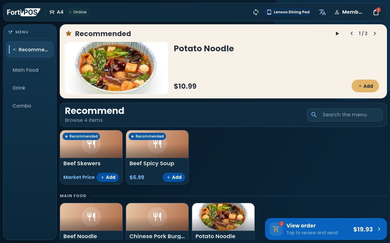 Table tablet photo menu with recommended dishes, prices and Add buttons, and a View order button showing $19.93.