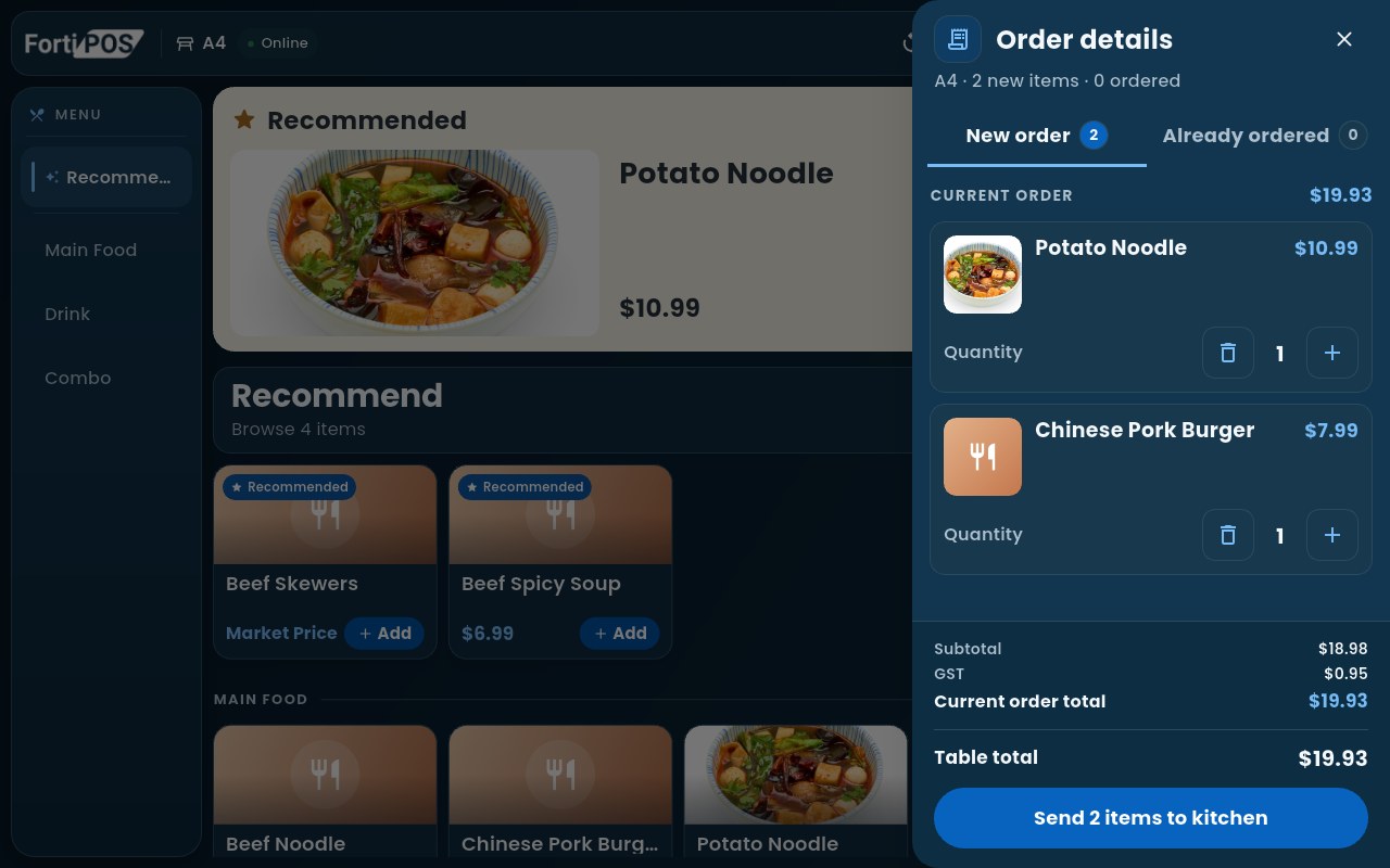 Table tablet order details: Potato Noodle and Chinese Pork Burger, total $19.93, Send 2 items to kitchen.